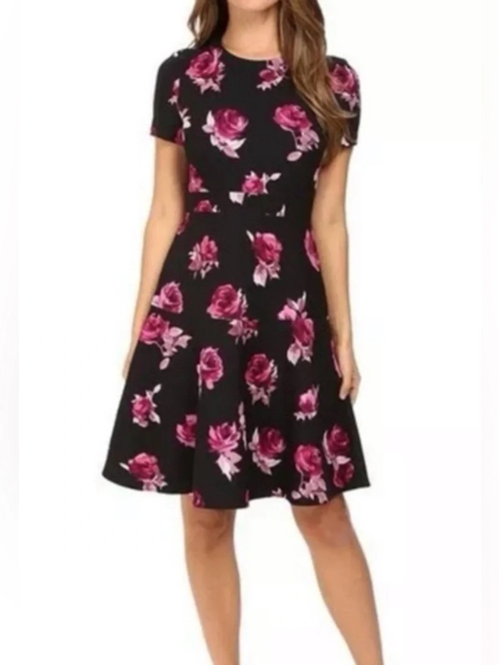 Kate Spade Encore Rose Crepe Floral A-Line Fare Black and Pink Floral Dress